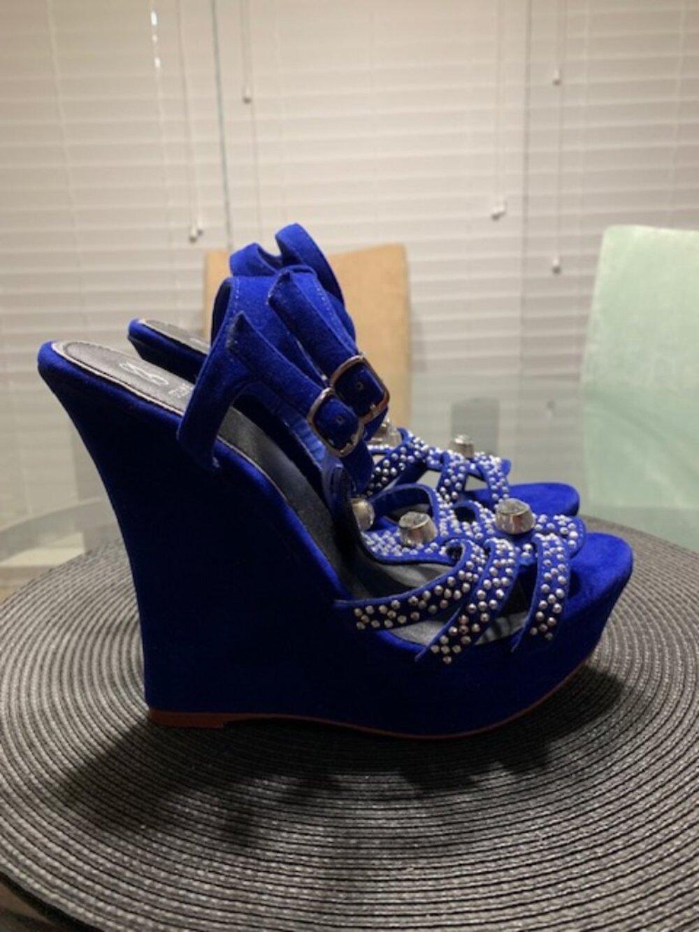 Qupid Blue Rhinestone Wedge Sandals • Platform Heels • Strappy Dress Shoes